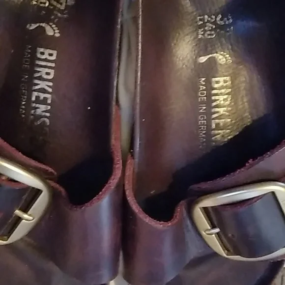 Birkenstock Maroon "MADRID" Leather Slides with Brass Buckles, Size 37, Narrow. - Picture 2 of 3
